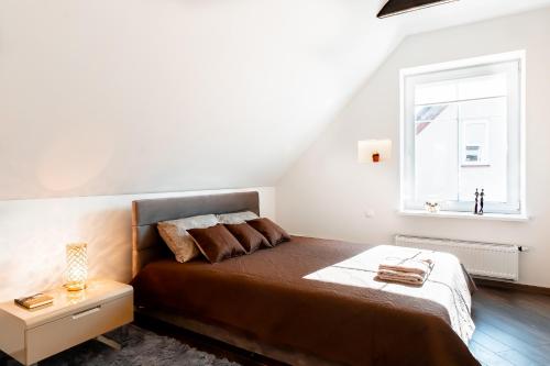 维尔纽斯Stylish, modern apartment near Vilnius Old Town的一间卧室设有一张大床和一个窗户。