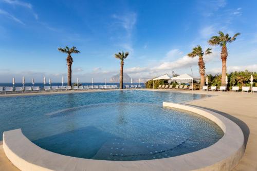 瓦尔德利切La Tonnara di Bonagia Resort的一座棕榈树和海洋的大型游泳池
