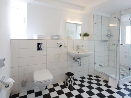 洛尔施Hotel Karolinger Hof的浴室配有卫生间、盥洗盆和淋浴。