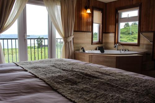 达卡卫Hotel Aliwen的卧室配有床、浴缸和窗户。