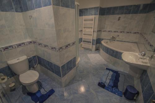 什捷季Hotel Sport的浴室配有卫生间、盥洗盆和浴缸。