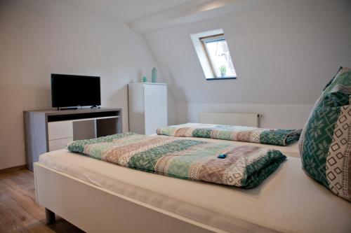 HaigerlochHaus Weinbergblick的一间卧室设有两张床和一张桌子上的电视