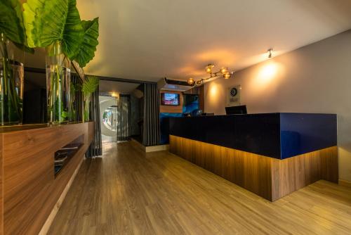 卡塔赫纳蓝色概念酒店的大堂设有种植了盆栽植物的酒吧