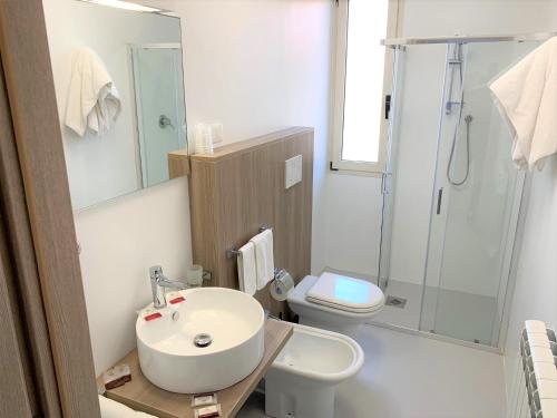 利多迪耶索罗Hotel & Residence Al Mare的一间带水槽、卫生间和淋浴的浴室