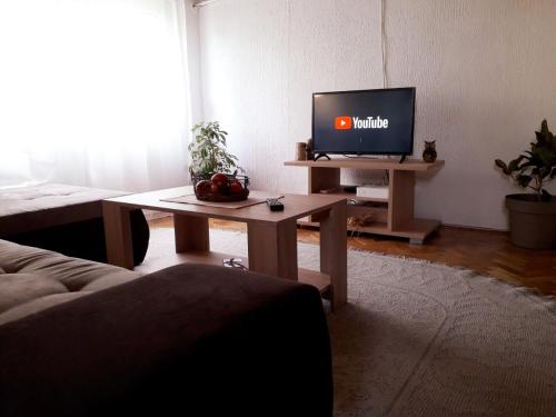 弗尔沙茨Potkrovlje的一间客厅,配有一张桌子上放的电视