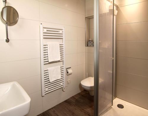 Zilshausen祖波斯特兰德豪斯酒店的带淋浴、卫生间和盥洗盆的浴室