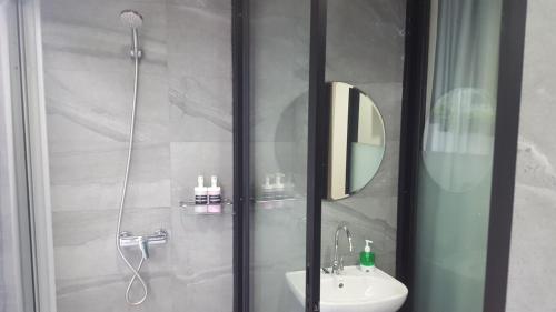 曼谷沙吞21号酒店的带淋浴、盥洗盆和镜子的浴室