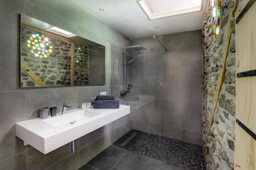 拉克河畔尚邦La Dormeuse du Val的浴室配有白色水槽和淋浴。