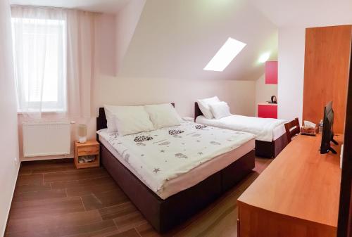 布拉格Apartment De Luna的一间带两张床的卧室和一台电视