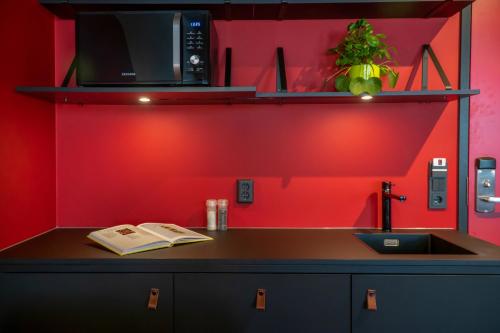 阿姆斯特丹Via Suites的厨房配有带微波炉和水槽的台面