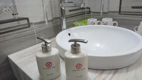 清化Camellia Hotel的浴室位于水槽旁的柜台上,配有2个肥皂机