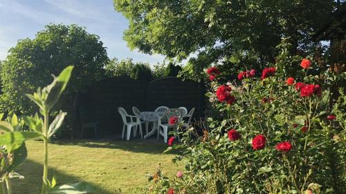 VollerwiekHaus am Meer的花园配有桌椅和红色玫瑰