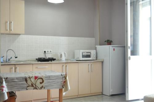 阿斯塔纳Zhenis street的厨房配有白色冰箱和桌子