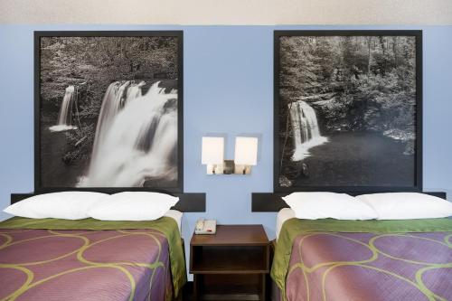 琼斯伯勒琼斯伯勒速8酒店的酒店客房设有两张床,并拥有瀑布的照片