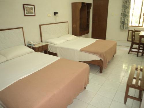 奥夫雷贡城库拉伊卡酒店的酒店客房设有两张床和一张桌子。
