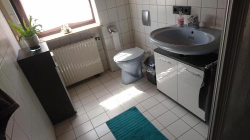 OffenhausenFerien Wohnung "Kaiser" mit Balkon und Garten的一间带水槽和卫生间的浴室