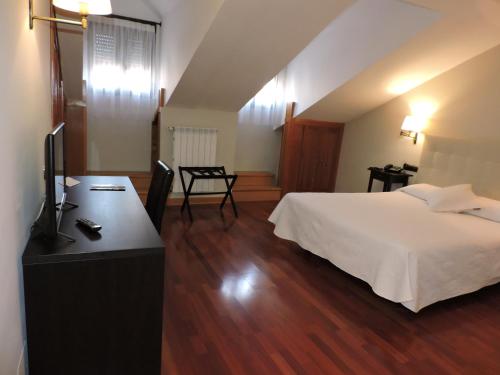 巴利亚多利德伊尔诺加尔酒店的一间卧室配有一张床和一张书桌及电视