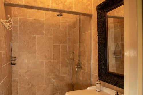 克拉伦代克海洋蓝博内尔酒店的带淋浴、水槽和镜子的浴室
