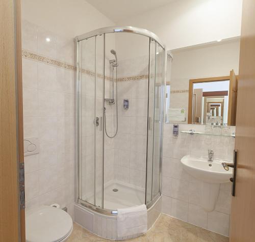布拉格阿托斯酒店的带淋浴、卫生间和盥洗盆的浴室