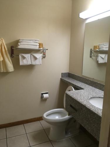 利柏提Budget Inn Lafonda Motel的一间带卫生间、水槽和镜子的浴室