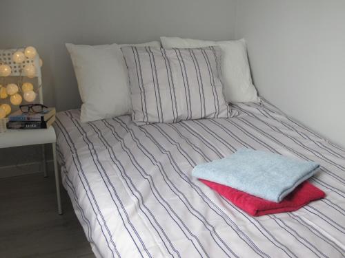 斯图托沃Apartament Mierzeja的一张带两个枕头的床和红色毯子