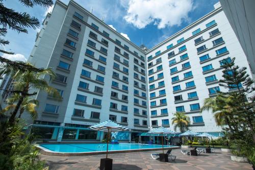 棉兰Grand Mercure Medan Angkasa的一座大型酒店,拥有游泳池和棕榈树