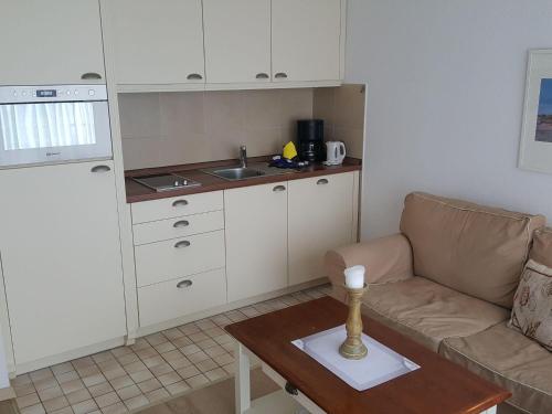 韦斯特兰Sylter-Besserburg-App-16的带沙发的客厅和厨房