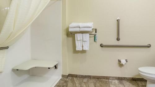 GeringCobblestone Hotel & Suites - Gering/Scottsbluff的浴室设有卫生间和带毛巾的淋浴。