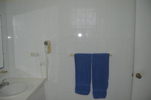 Gregory TownSurfers Manor Motel的一间带水槽和蓝毛巾的浴室