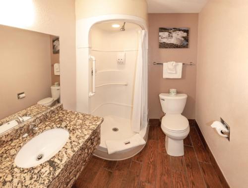 优马Budgetel Inn & Suites的浴室配有卫生间、淋浴和盥洗盆。