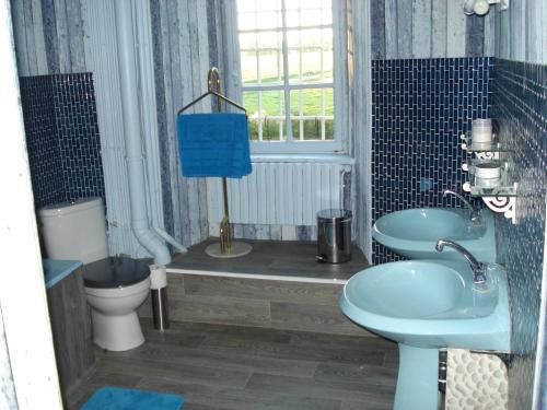 里摩日Chateau de Grand Bonnefont的一间带两个盥洗盆、卫生间和窗户的浴室