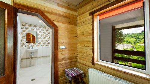MaydanEco Centr Zrub的带淋浴和盥洗盆的浴室以及窗户。