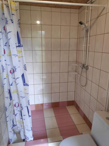 Uulu白屋旅舍的带淋浴和浴帘的浴室