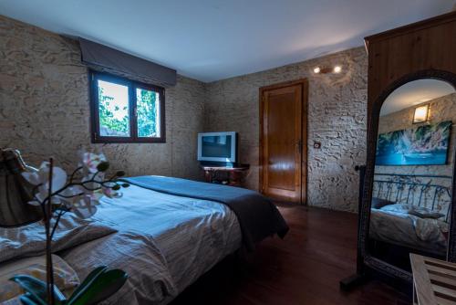 贝加德圣马特奥Roque nublo rural houses I的一间卧室配有一张床、镜子和电视