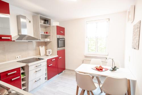 哈尔伯施塔特Ferienwohnungen am "Spiel-emagazin"的厨房配有红色橱柜和桌椅