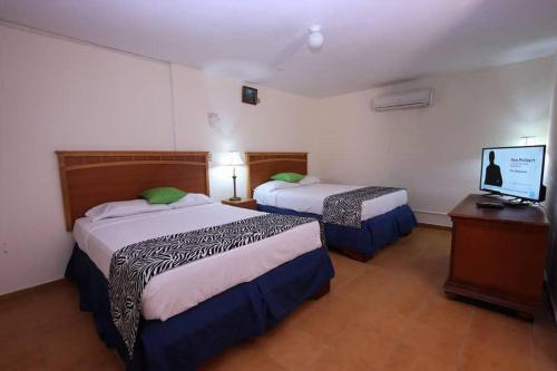 海地角Residence Royale Hôtel的酒店客房设有两张床和一台平面电视。