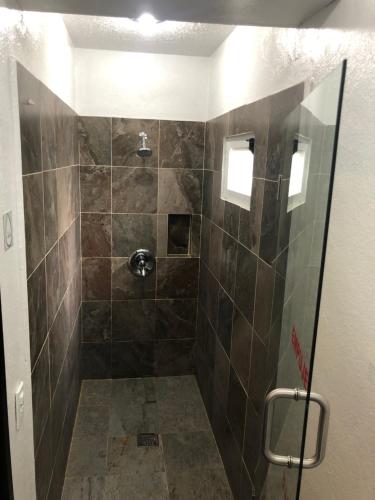 塔马索波拉格酒店的一间铺有棕色瓷砖的带淋浴的浴室