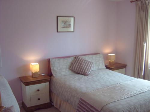 比迪福德Ellerton B&B的一间卧室配有一张床和两张台灯。