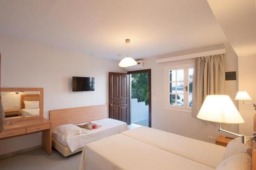 瓦西里亚斯vassilias beach hotel的酒店客房,设有两张床和镜子