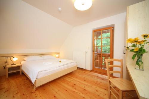 博希尼Planinski dom Savica的一间卧室配有一张床、一张桌子和一个窗户。