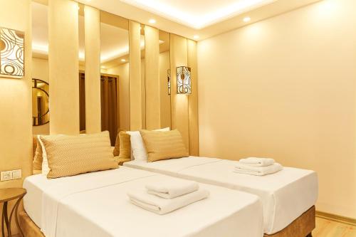 伊斯坦布尔All Seasons Suites的客房内的两张床和毛巾