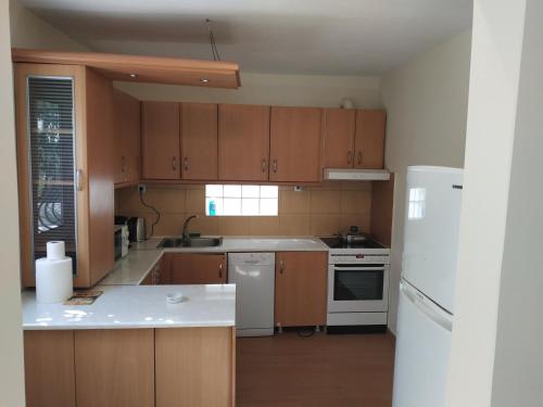 阿特米达Near Airport And metropolitan Artemis George Cozy Home的厨房配有木制橱柜和白色冰箱。