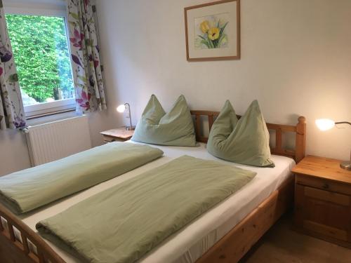 圣吉尔根Garten Apartment Diwoky的一间卧室配有一张带绿色床单的床和一扇窗户。