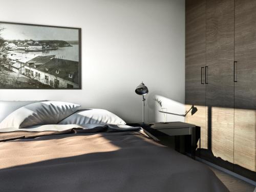 纳坦利Naantali City Apartments的卧室配有一张挂在墙上的床铺
