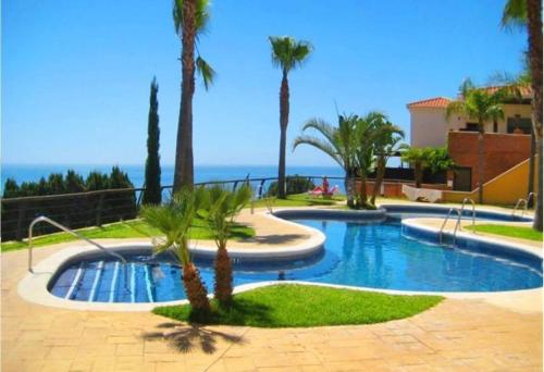 阿尔姆尼卡Bonita casa de vacaciones en Almuñécar的一座棕榈树和海洋游泳池