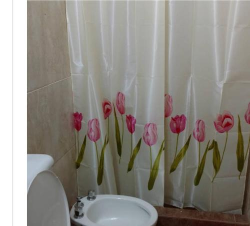 埃斯基纳Santo Domingo的浴室设有淋浴帘和粉红色郁金香