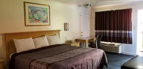 纽波特纽斯Budget Lodge的配有一张床、一张书桌和一扇窗户的酒店客房
