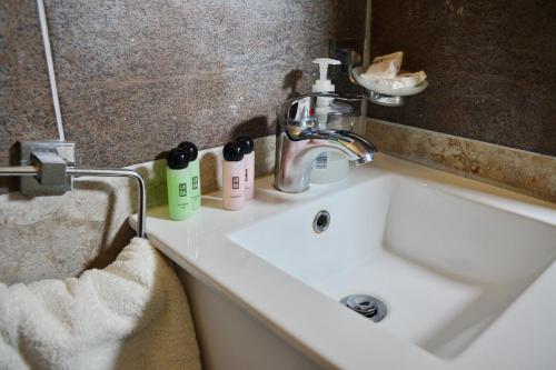 尼科西亚Eclectic Business & Leisure的浴室水槽配有肥皂和瓶子