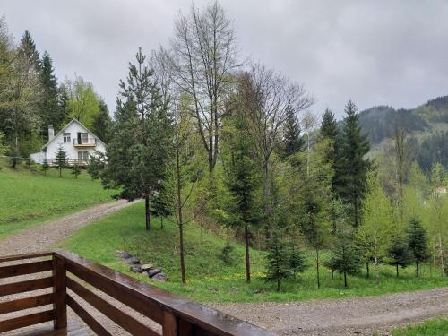 苏恰维塔Șoaptele pădurii & Căsuța din pădure的山丘上带木栅栏的房子