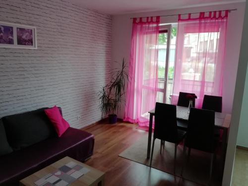 米兹多洛杰Apartament u Magdy的客厅配有沙发、桌子和粉红色 窗帘